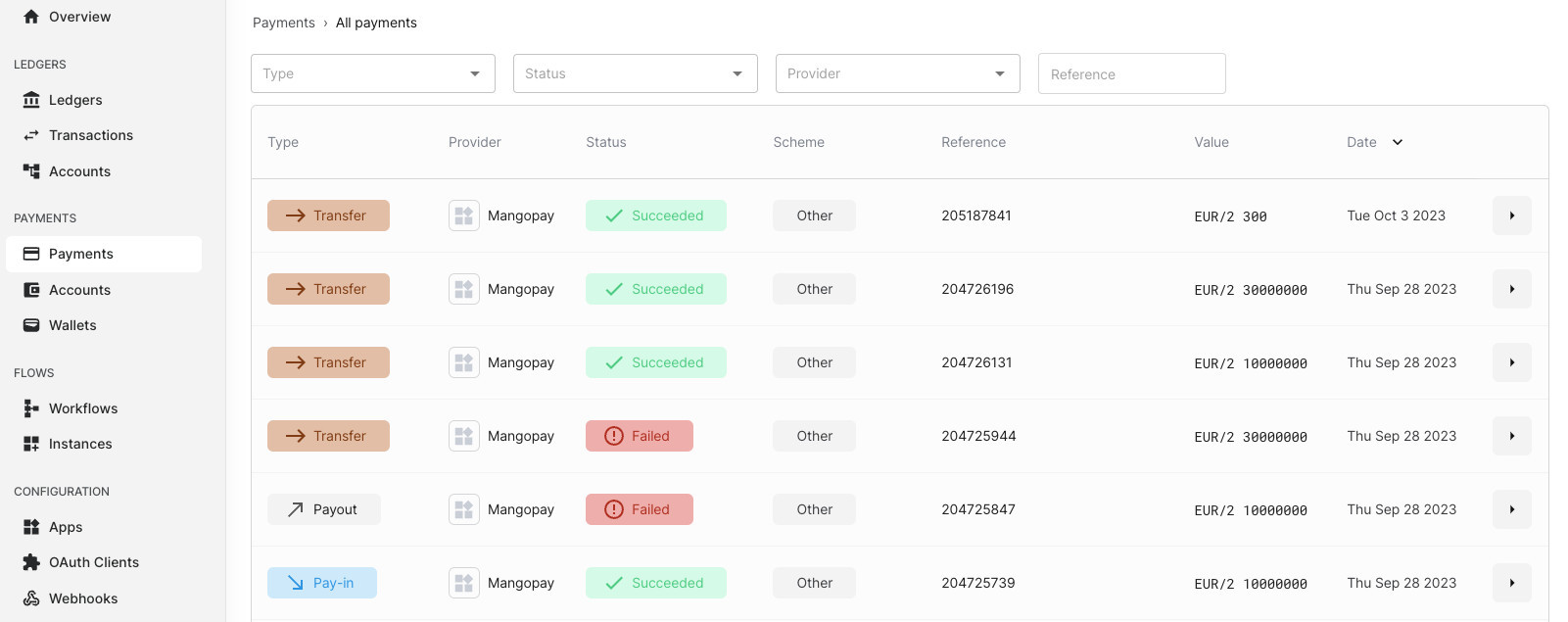 Payments list in Console